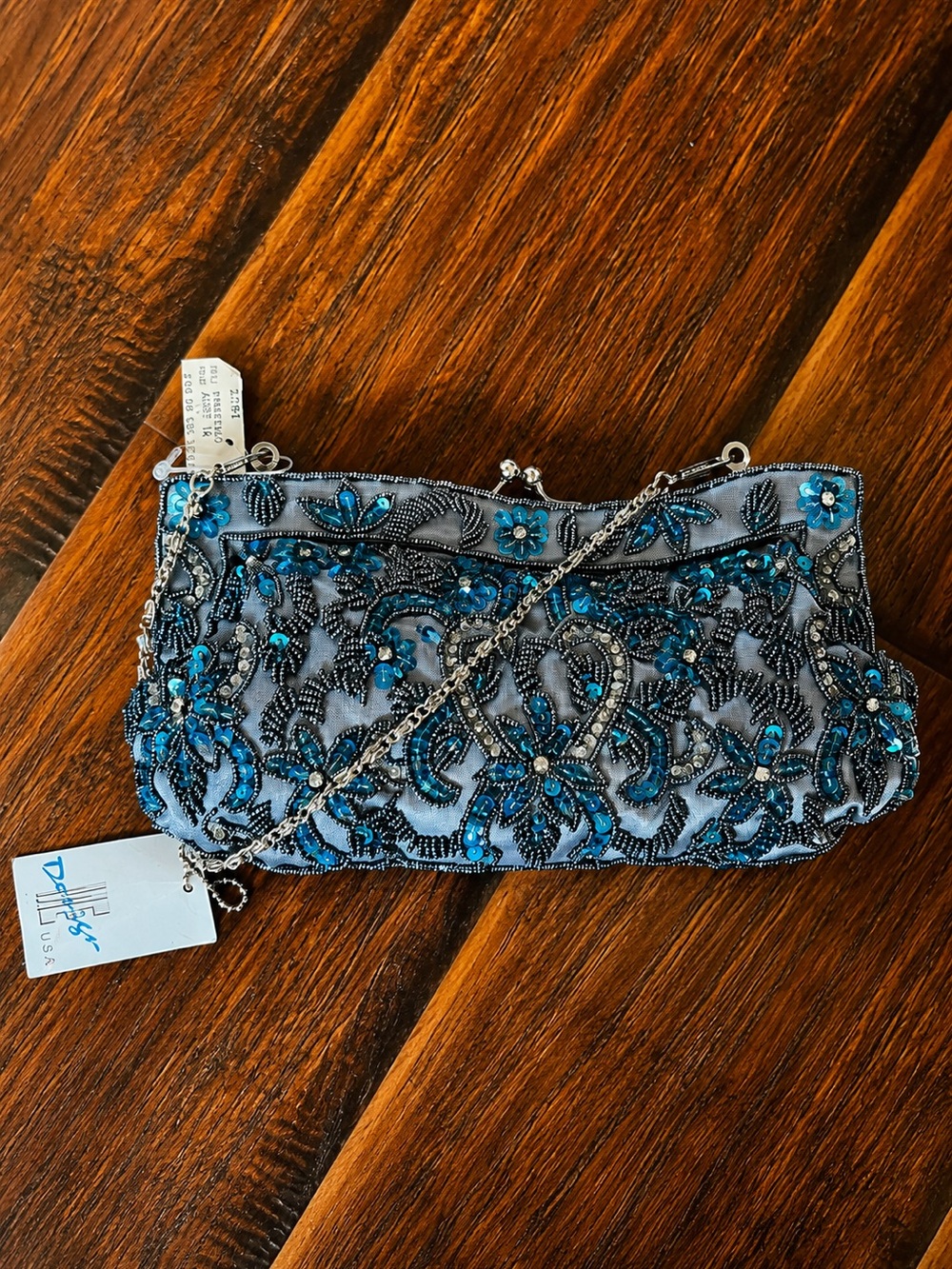 Blue Beaded Embellished Evening Clutch with Chain